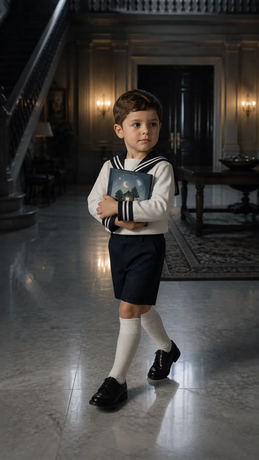Leo, a five-year-old boy in a white sailor-collar shirt, navy shorts and white knee socks, walks alone across the marble floor of the Kessler mansion grand hall.