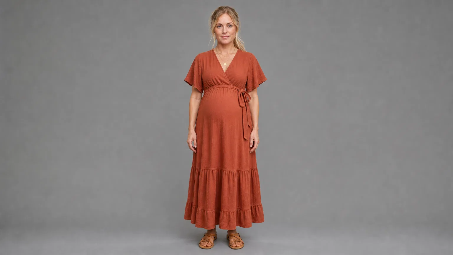 Pregnant blonde mother character wearing a terracotta dress against a grey studio background.