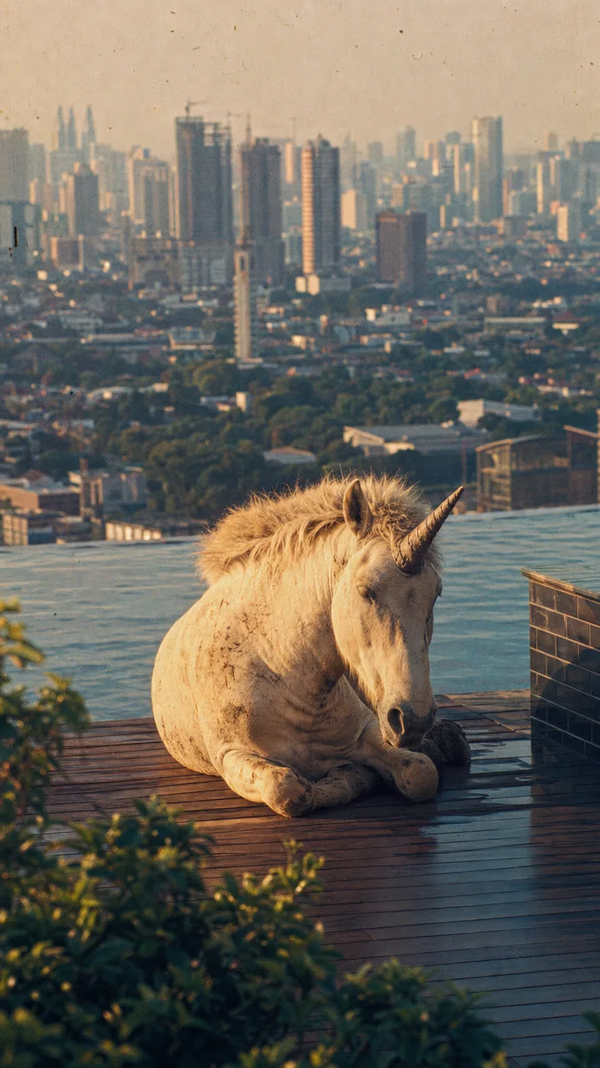 A white unicorn rests on a rooftop deck high above the Jakarta skyline at golden hour.