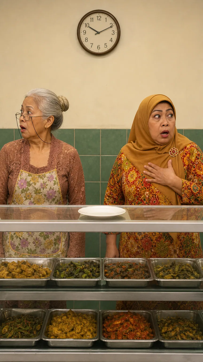 Two women behind a roadside warteg's glass food counter, one grey-haired and one in a hijab, react with comic alarm under a wall clock.